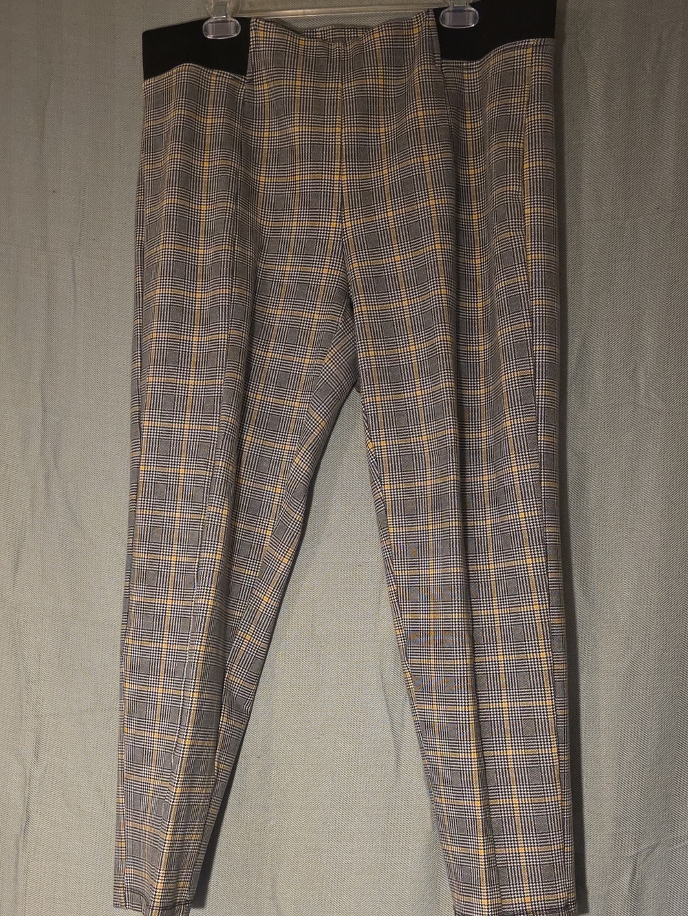 Terra & Sky Women’s Plaid Chinos in Gray and Tan with Yellow Windowpane